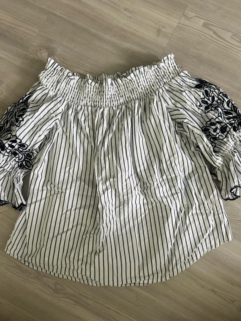 Chico’s Striped Off-Shoulder Top with Embroidered Sleeves